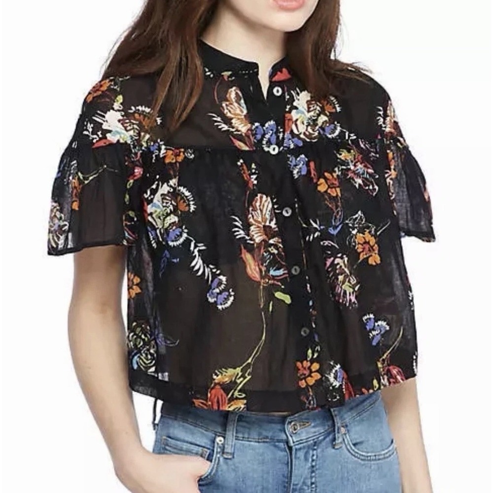Free People Sweet Escape Top XS Black Floral‎ Baby Doll Flutter Fairy Whimsical
